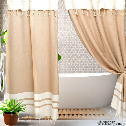 Two Panel Cotton Shower Curtain with Handmade Tassels – Boho & Farmhouse Style, Quick-Dry, Multi-Purpose (Caramel Beige, 71" x 79")