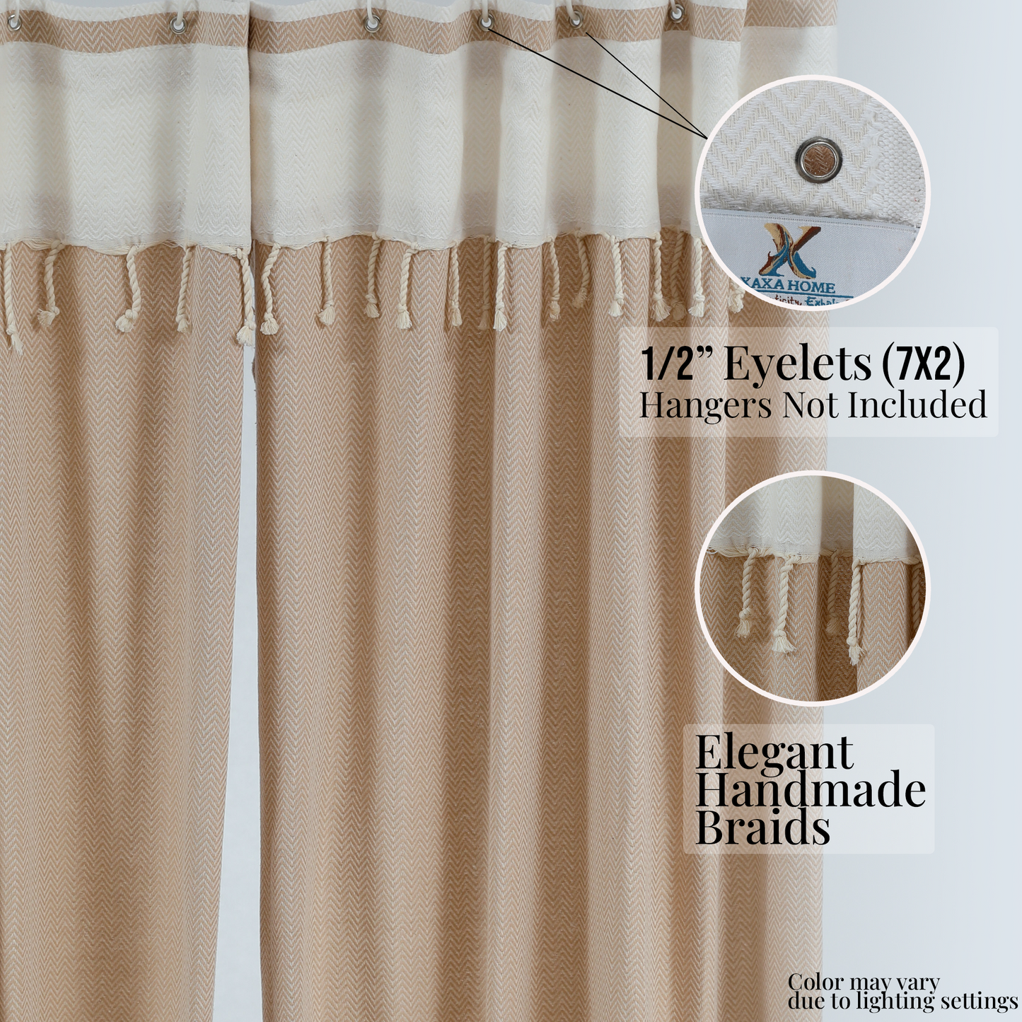 Two Panel Cotton Shower Curtain with Handmade Tassels – Boho & Farmhouse Style, Quick-Dry, Multi-Purpose (Caramel Beige, 71" x 79")