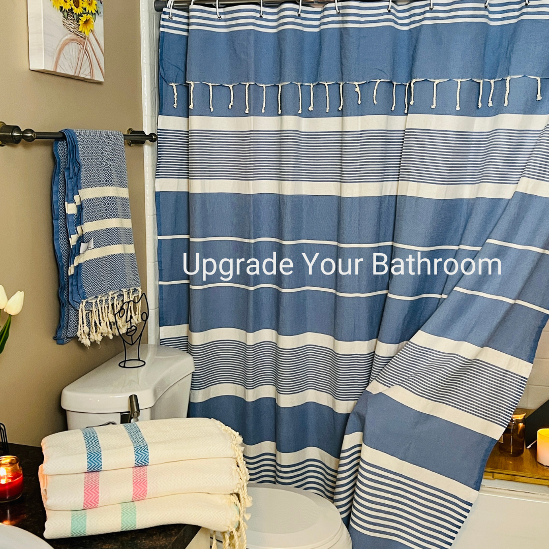 Sky Blue Cotton Shower Curtain with Tassels – 79" x 71" – Boho & Farmhouse Style – Quick Dry, Multi-Purpose, Free Hooks