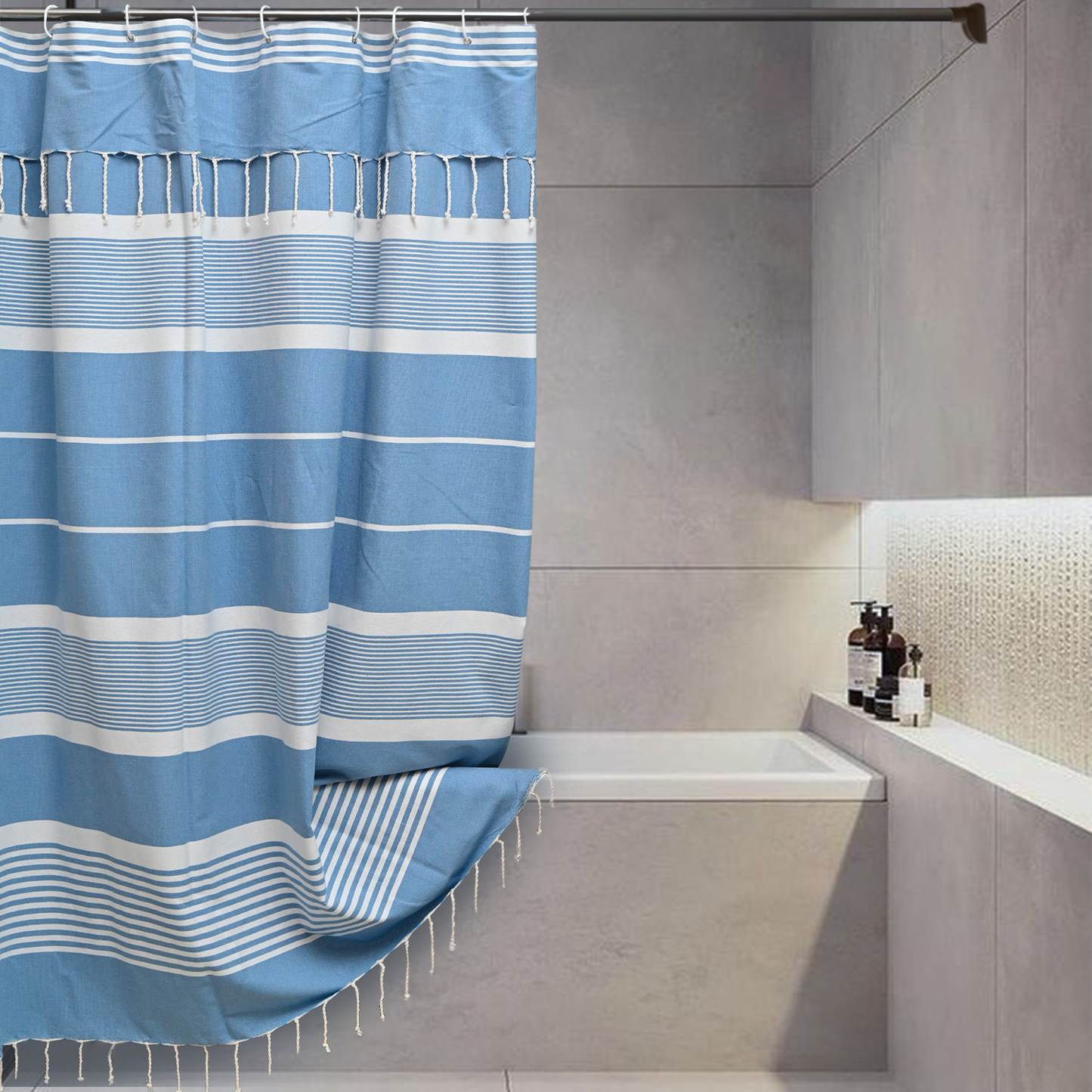 Sky Blue Cotton Shower Curtain with Tassels – 79" x 71" – Boho & Farmhouse Style – Quick Dry, Multi-Purpose, Free Hooks