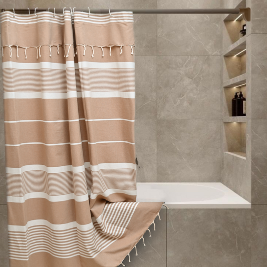 Khaki Beige Cotton Shower Curtain with Tassels – 79" x 71" – Boho & Farmhouse Style – Quick Dry, Multi-Purpose, Free Hooks