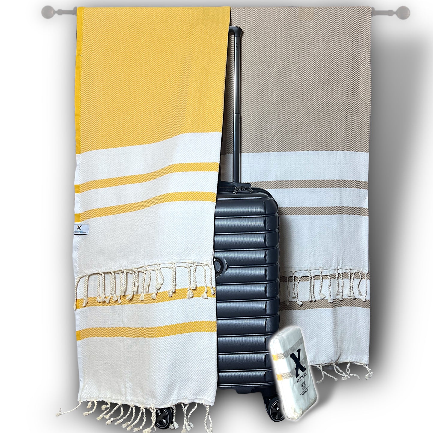 2-Pack Cotton Turkish Towels – Caramel Beige & Gold Yellow | Lightweight, Quick-Dry, Oversized Chevron Peshtemals