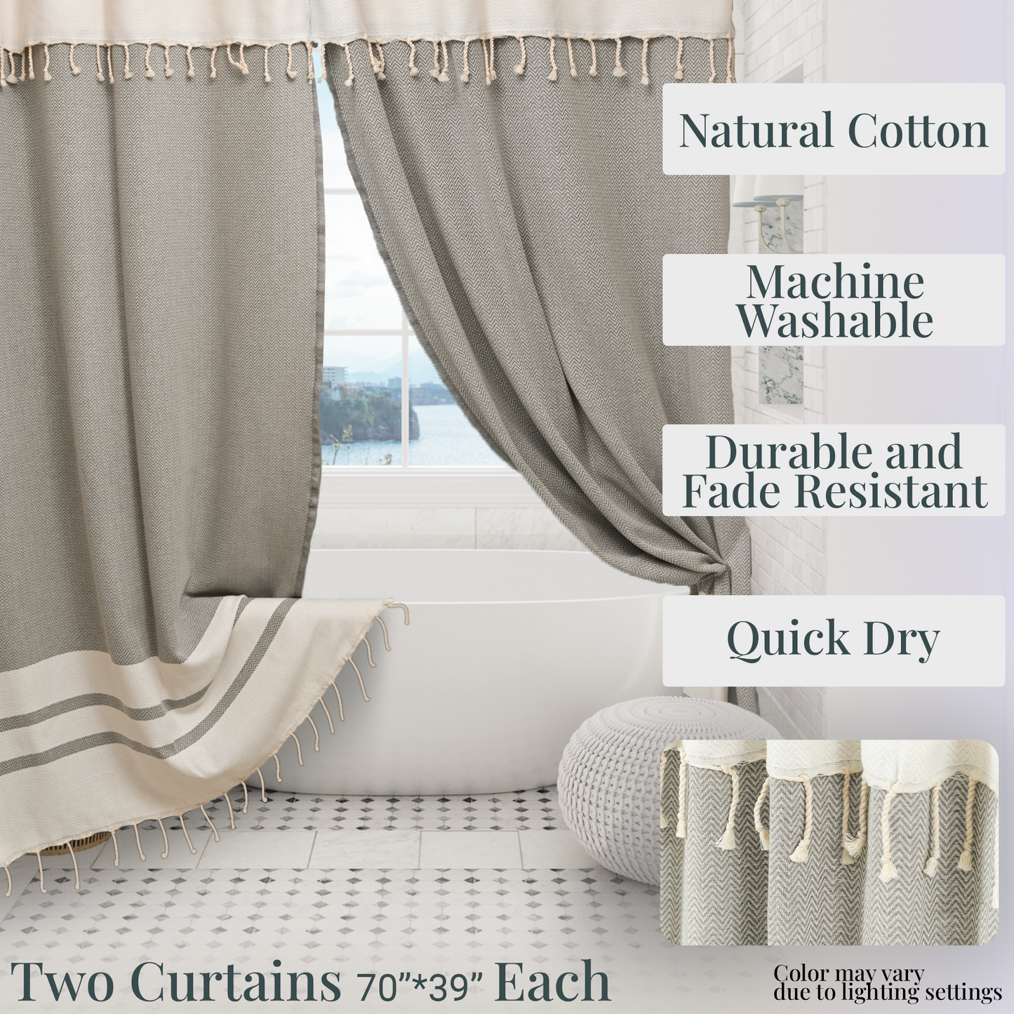 Two Panel Cotton Shower Curtain with Handmade Tassels – Boho & Farmhouse Style, Quick-Dry, Multi-Purpose (Silver Gray, 71" x 79")
