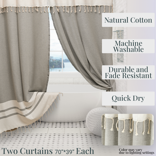 Two Panel Cotton Shower Curtain with Handmade Tassels – Boho & Farmhouse Style, Quick-Dry, Multi-Purpose (Silver Gray, 71" x 79")