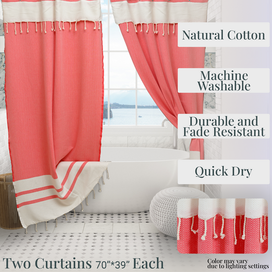 Two Panel Cotton Shower Curtain with Handmade Tassels – Boho & Farmhouse Style, Quick-Dry, Multi-Purpose (Coral Red, 71" x 79")