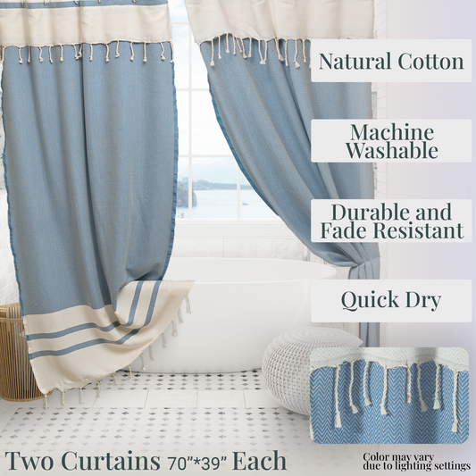 Two Panel Cotton Shower Curtain with Handmade Tassels – Boho & Farmhouse Style, Quick-Dry, Multi-Purpose (Sky Blue, 71" x 79")