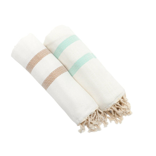 Set of 2 Cotton Towels – Fast-Drying & Lightweight Chevron Weave in Caramel Beige + Mint Green – Travel, Beach & Everyday Use