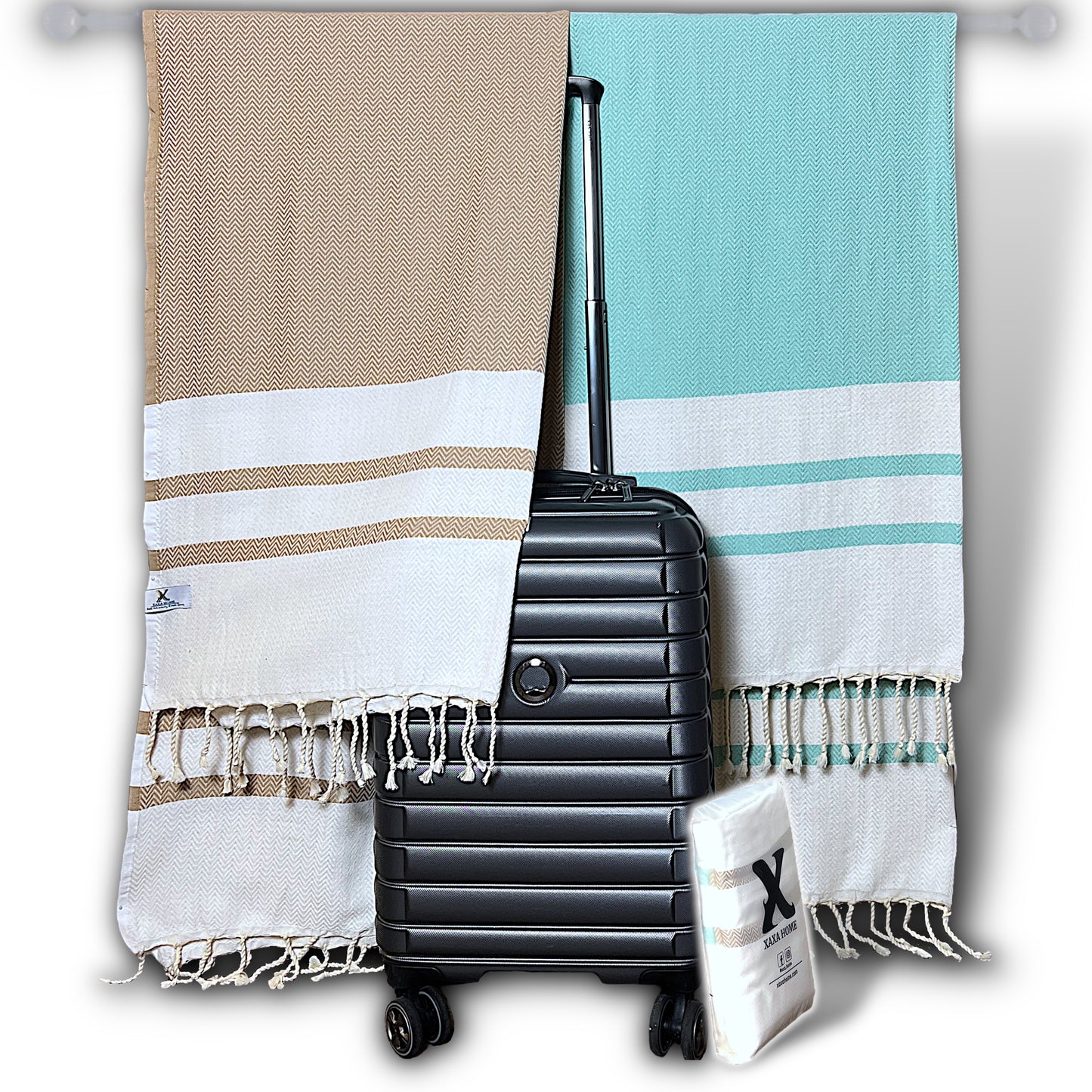 Set of 2 Cotton Towels – Fast-Drying & Lightweight Chevron Weave in Caramel Beige + Mint Green – Travel, Beach & Everyday Use