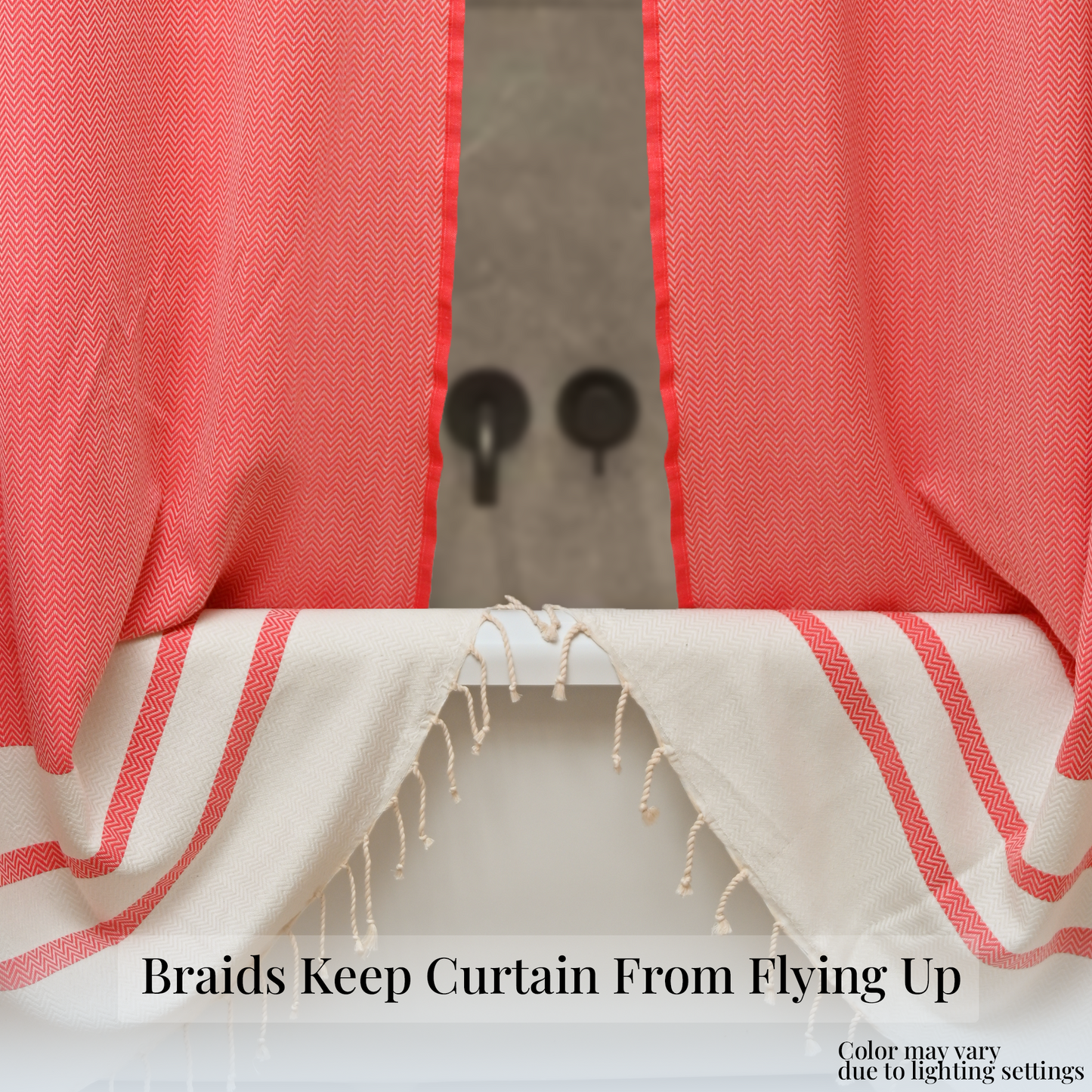 Two Panel Cotton Shower Curtain with Handmade Tassels – Boho & Farmhouse Style, Quick-Dry, Multi-Purpose (Coral Red, 71" x 79")