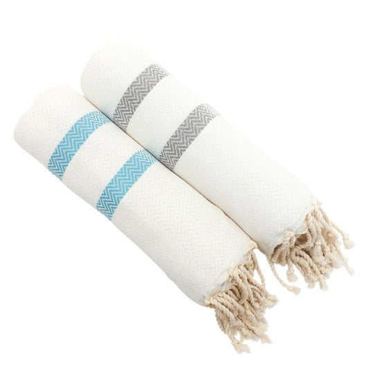 Set of 2 Cotton Towels – Lightweight & Quick-Dry Chevron Weave in Turquoise Blue + Silver Gray – Perfect for Beach, Travel & Everyday Use