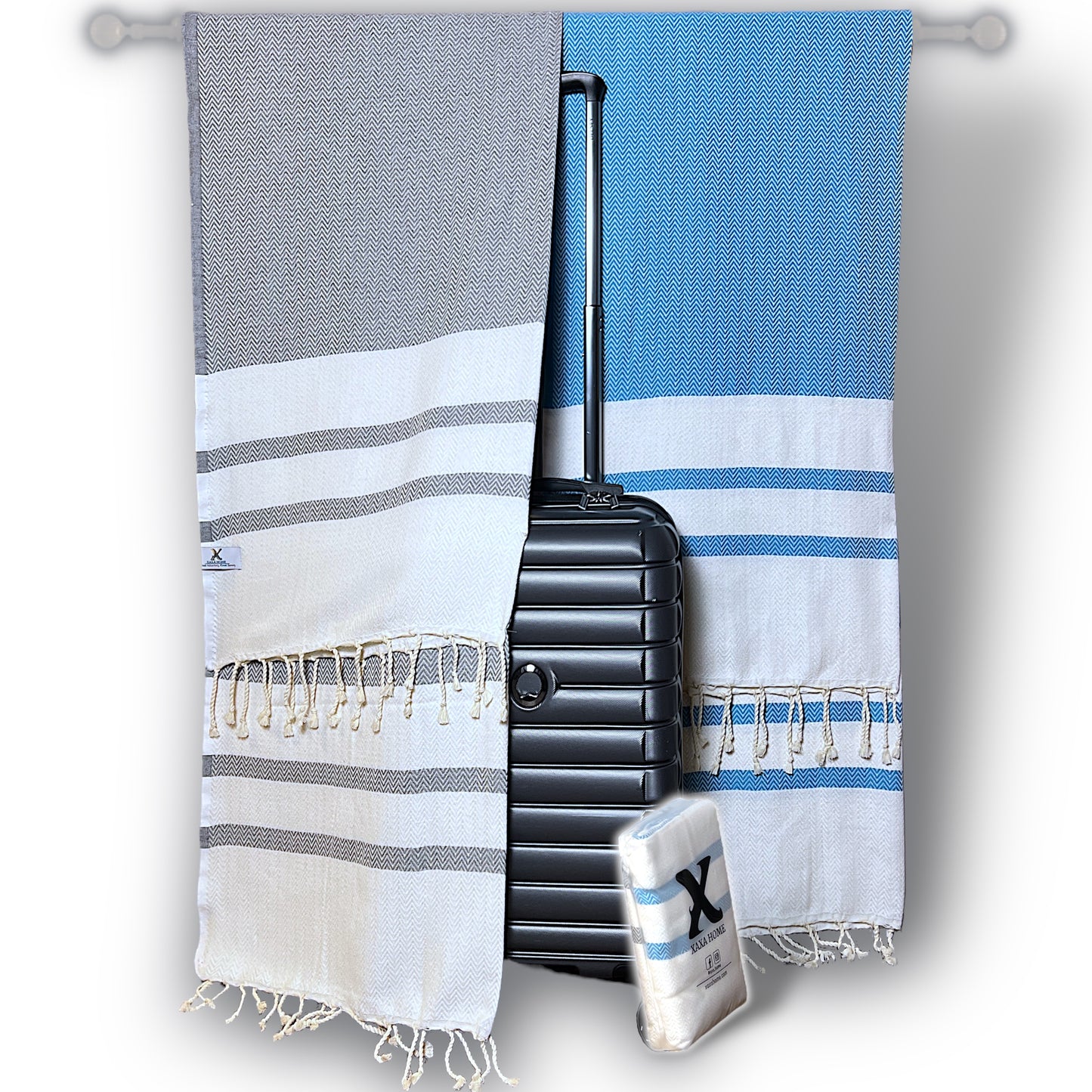 Set of 2 Cotton Towels – Lightweight & Quick-Dry Chevron Weave in Turquoise Blue + Silver Gray – Perfect for Beach, Travel & Everyday Use