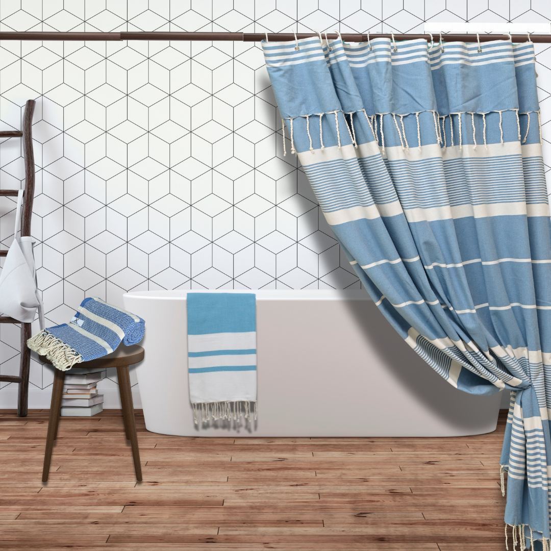 Sky Blue Cotton Shower Curtain with Tassels – 79" x 71" – Boho & Farmhouse Style – Quick Dry, Multi-Purpose, Free Hooks