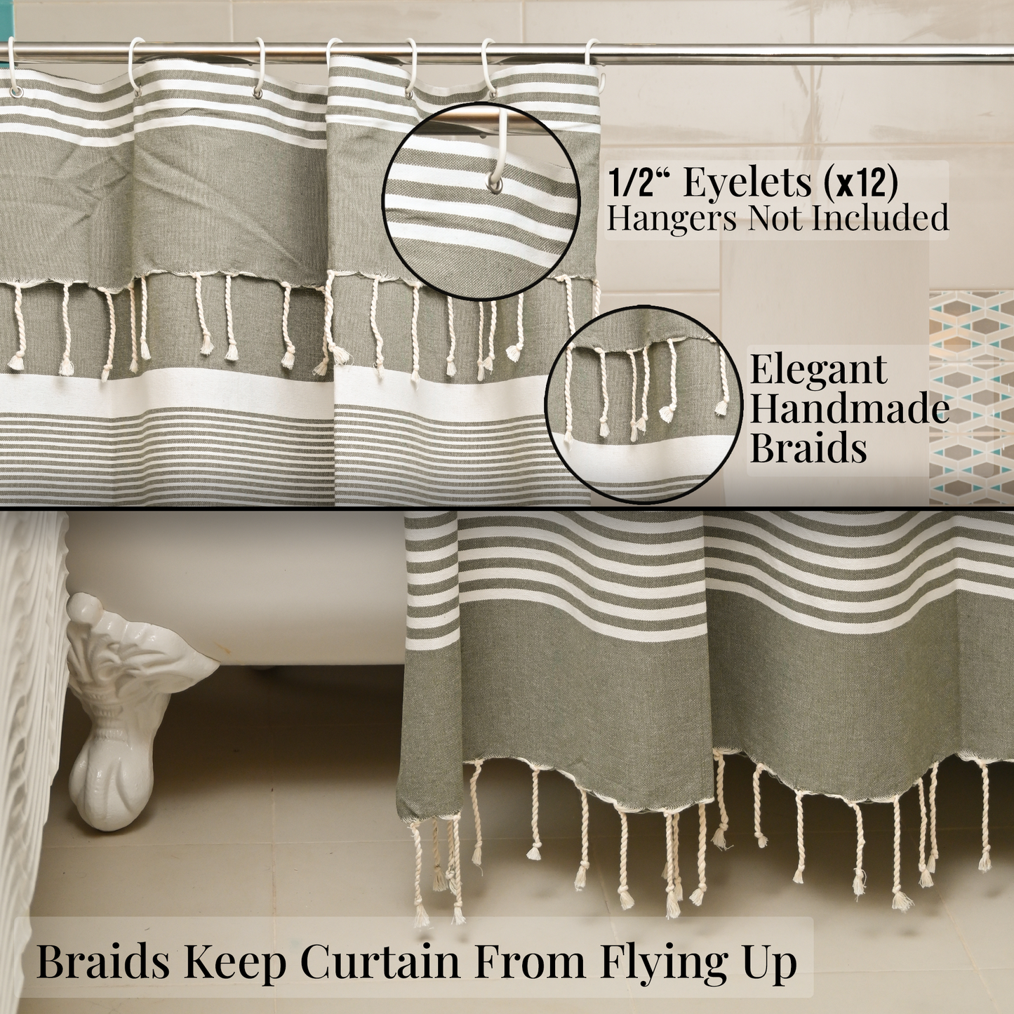 Khaki Green Cotton Shower Curtain with Tassels – 79" x 71" – Boho & Farmhouse Style – Quick Dry, Multi-Purpose, Free Hooks