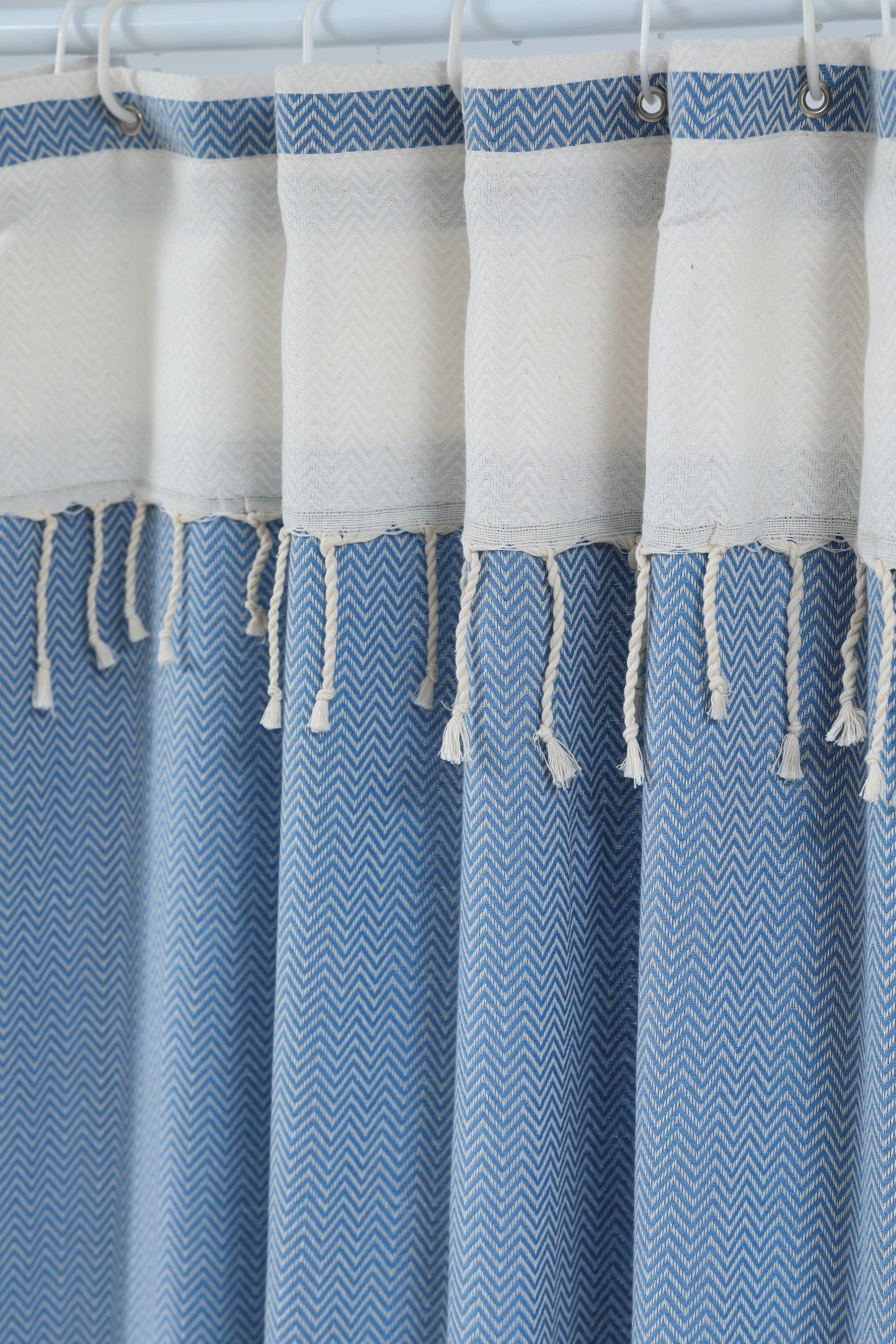Two Panel Cotton Shower Curtain with Handmade Tassels – Boho & Farmhouse Style, Quick-Dry, Multi-Purpose (Sky Blue, 71" x 79")