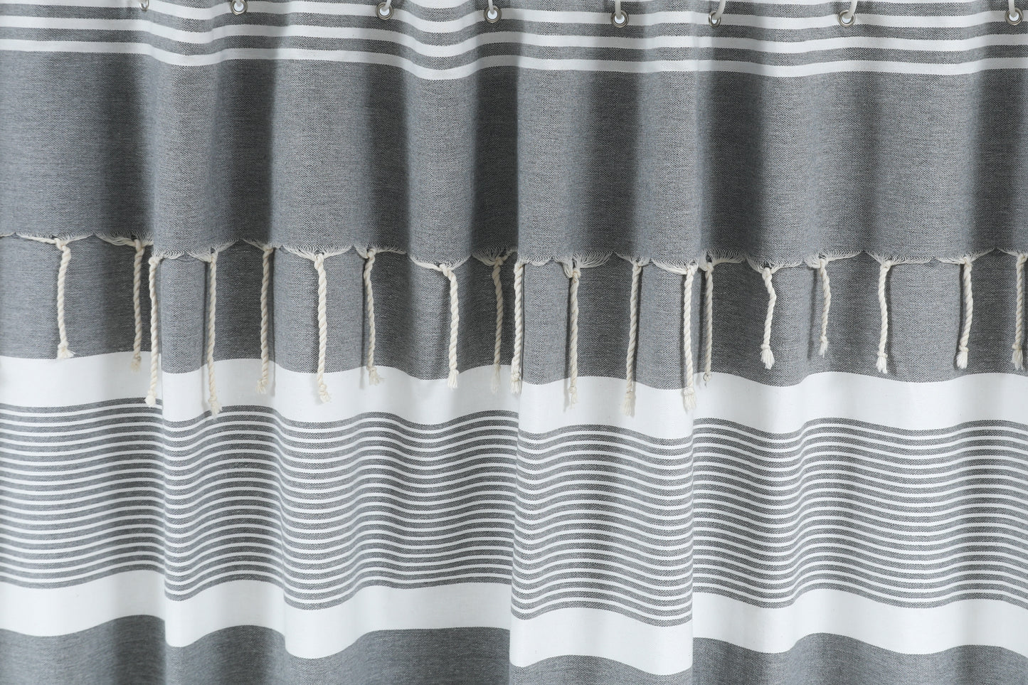 Battleship Gray Cotton Shower Curtain with Tassels – 79" x 71" – Boho & Farmhouse Style – Quick Dry, Multi-Purpose, Free Hooks