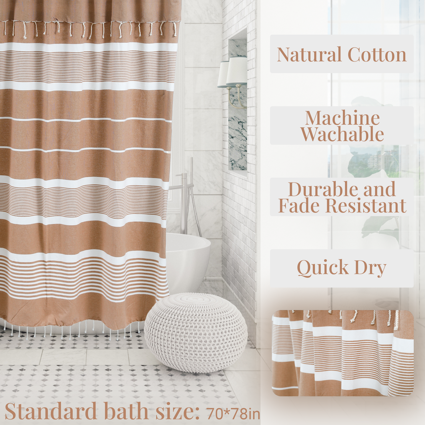 Khaki Beige Cotton Shower Curtain with Tassels – 79" x 71" – Boho & Farmhouse Style – Quick Dry, Multi-Purpose, Free Hooks