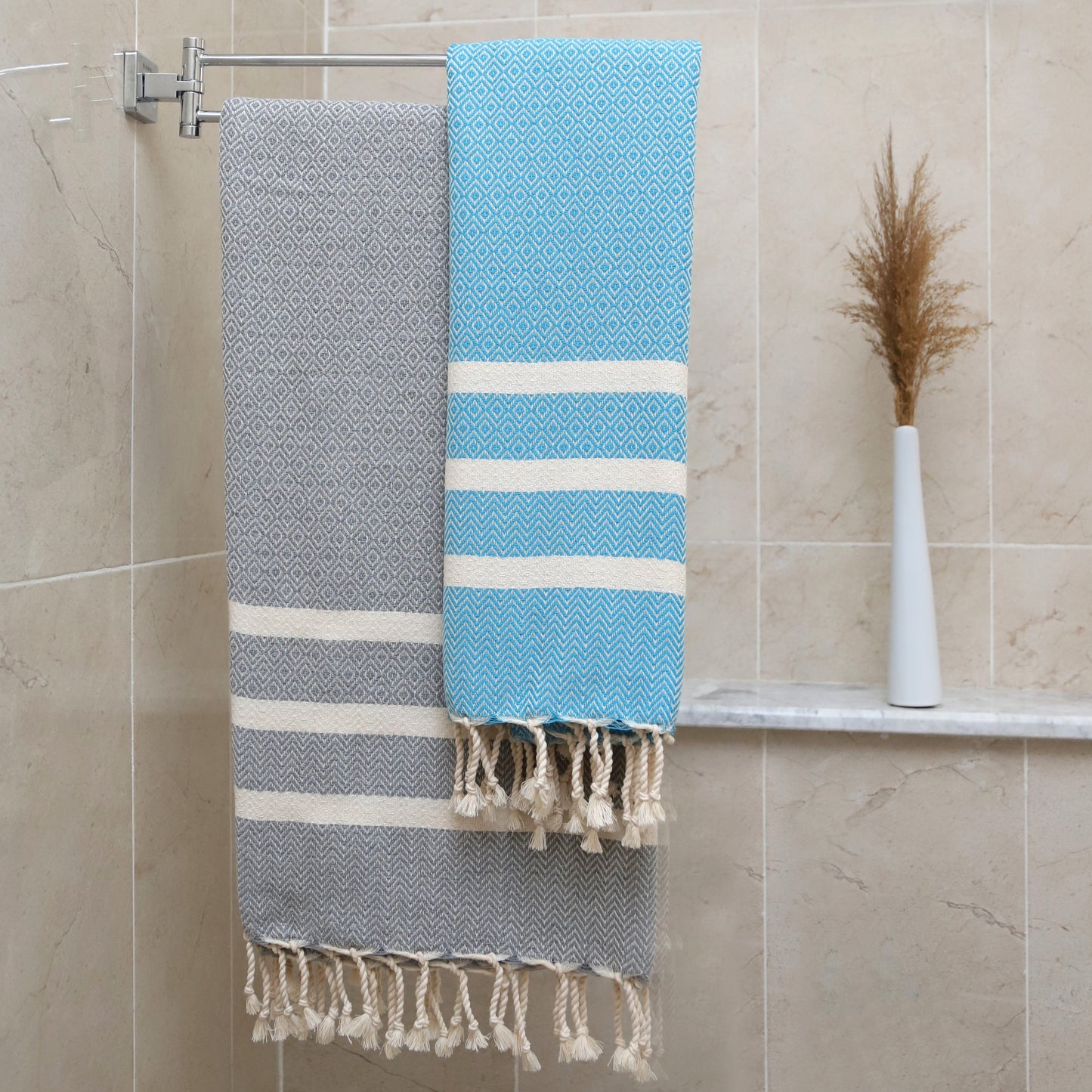 2-Pack Diavron Cotton Towels – Quick-Dry, Lightweight & Soft – Turquoise Blue & Silver Gray (39" x 71")
