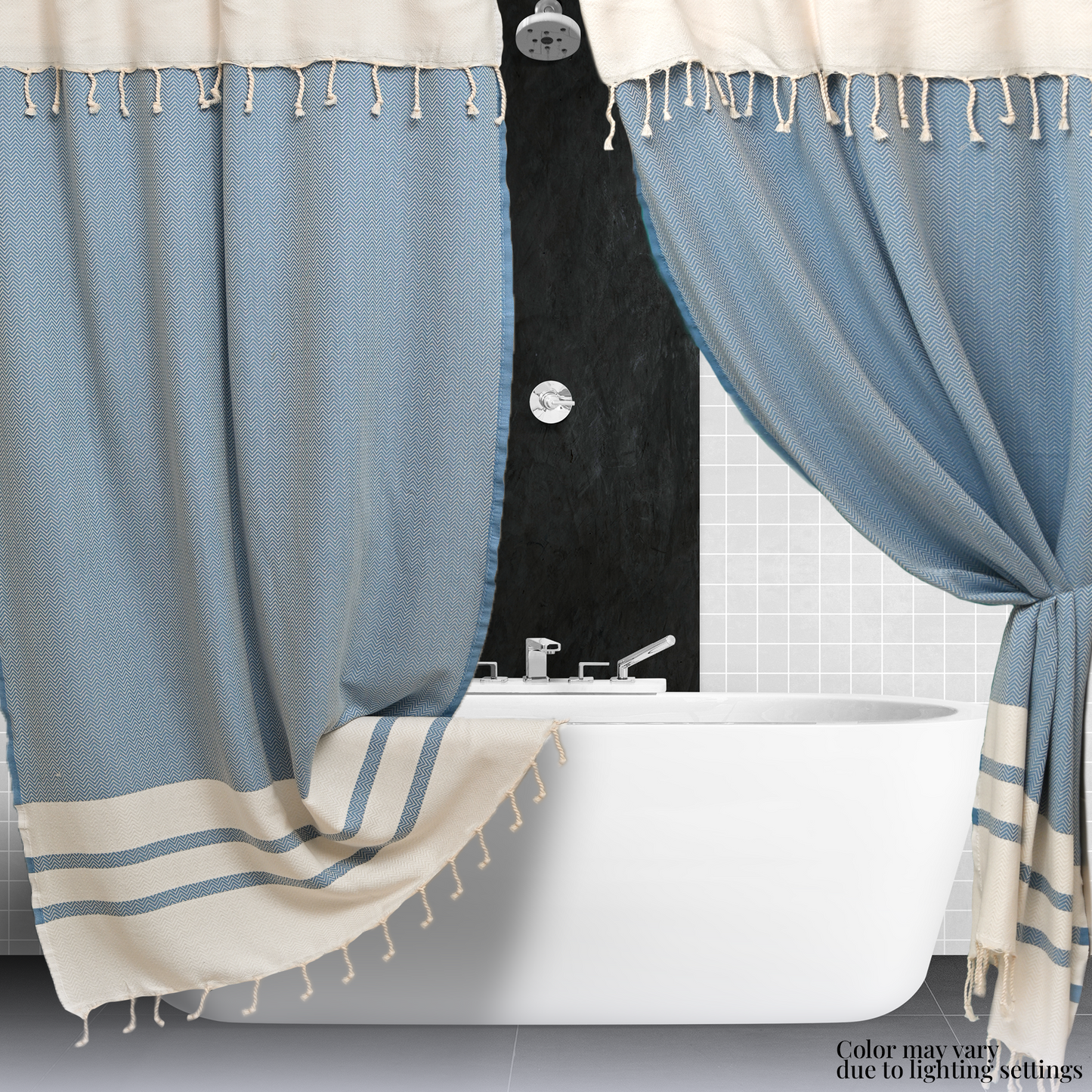 Two Panel Cotton Shower Curtain with Handmade Tassels – Boho & Farmhouse Style, Quick-Dry, Multi-Purpose (Sky Blue, 71" x 79")