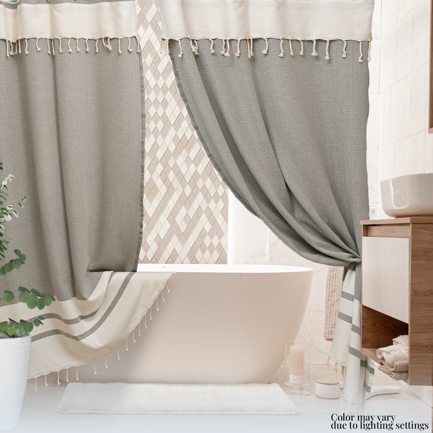 Two Panel Cotton Shower Curtain with Handmade Tassels – Boho & Farmhouse Style, Quick-Dry, Multi-Purpose (Silver Gray, 71" x 79")