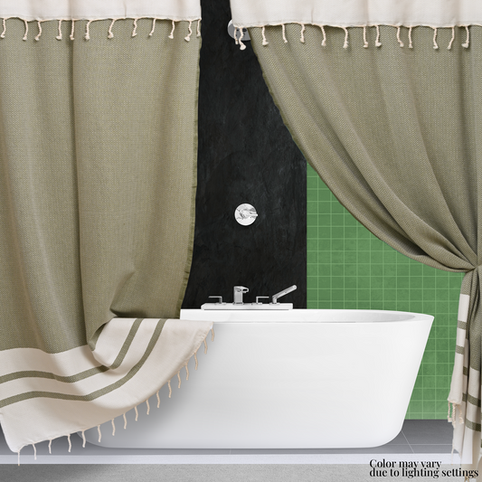 Two Panel Cotton Shower Curtain with Handmade Tassels – Boho & Farmhouse Style, Quick-Dry, Multi-Purpose (Khaki Green, 71" x 79")