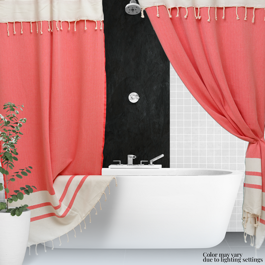 Two Panel Cotton Shower Curtain with Handmade Tassels – Boho & Farmhouse Style, Quick-Dry, Multi-Purpose (Coral Red, 71" x 79")