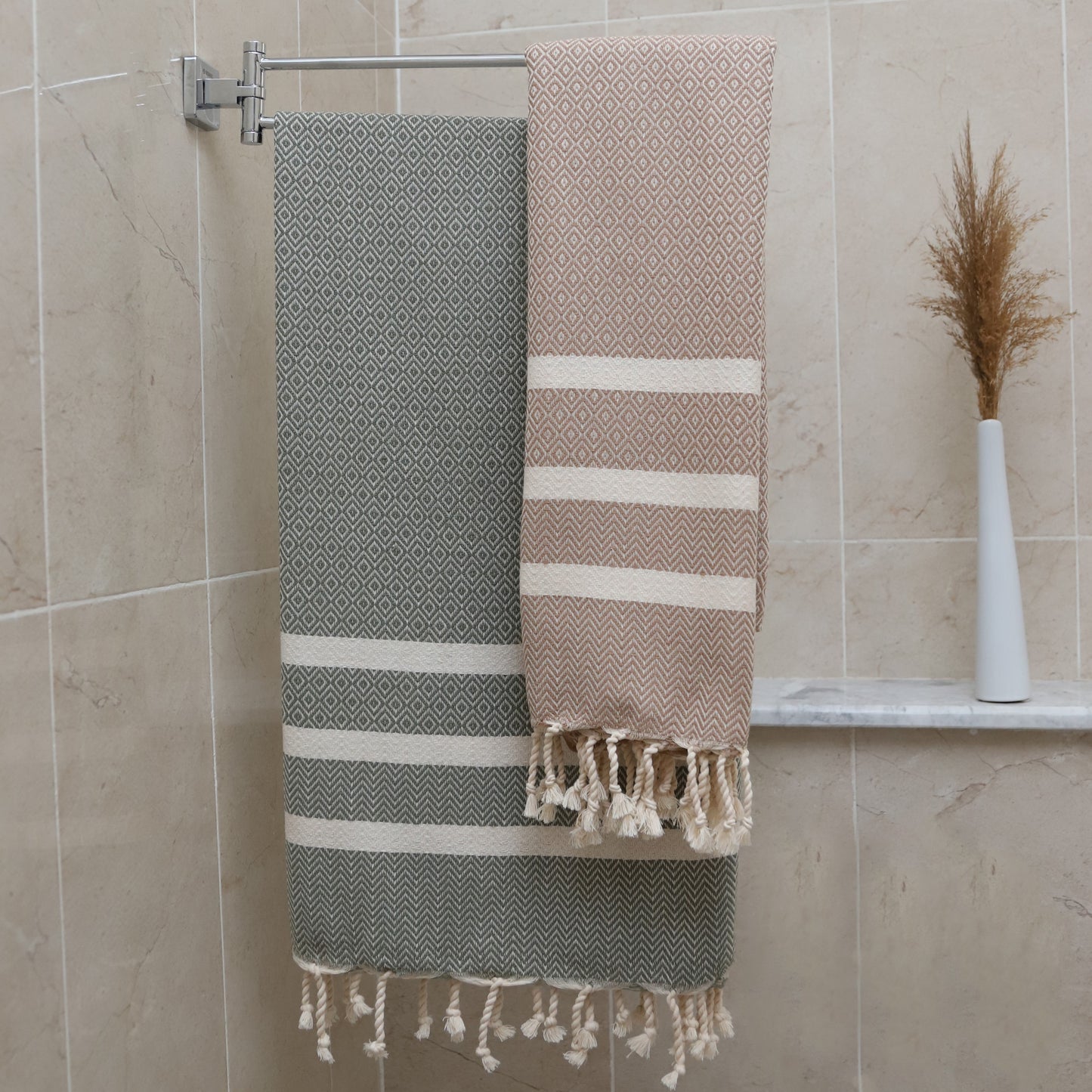 2-Pack Cotton Travel Towels – Lightweight, Quick-Dry & Compact | Exclusive Diavron Weave in Caramel Beige & Khaki Green (39" x 71")