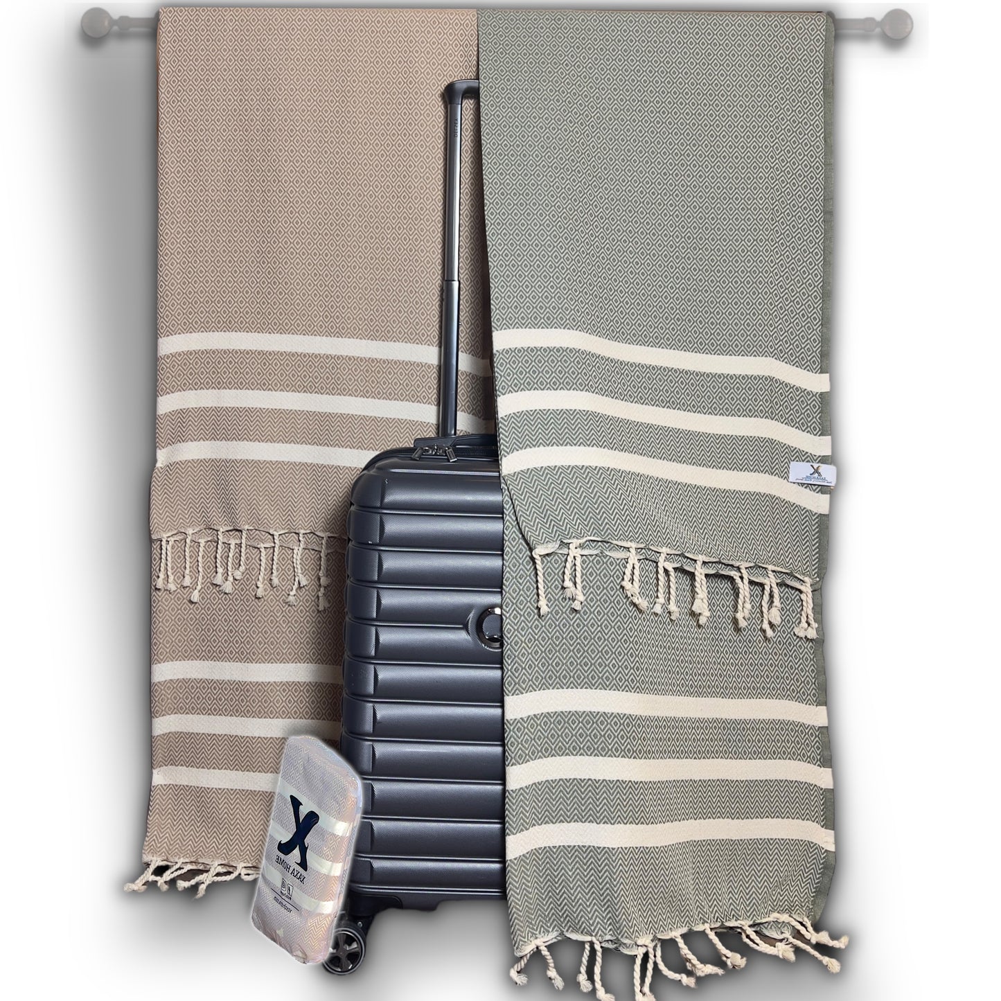 2-Pack Cotton Travel Towels – Lightweight, Quick-Dry & Compact | Exclusive Diavron Weave in Caramel Beige & Khaki Green (39" x 71")