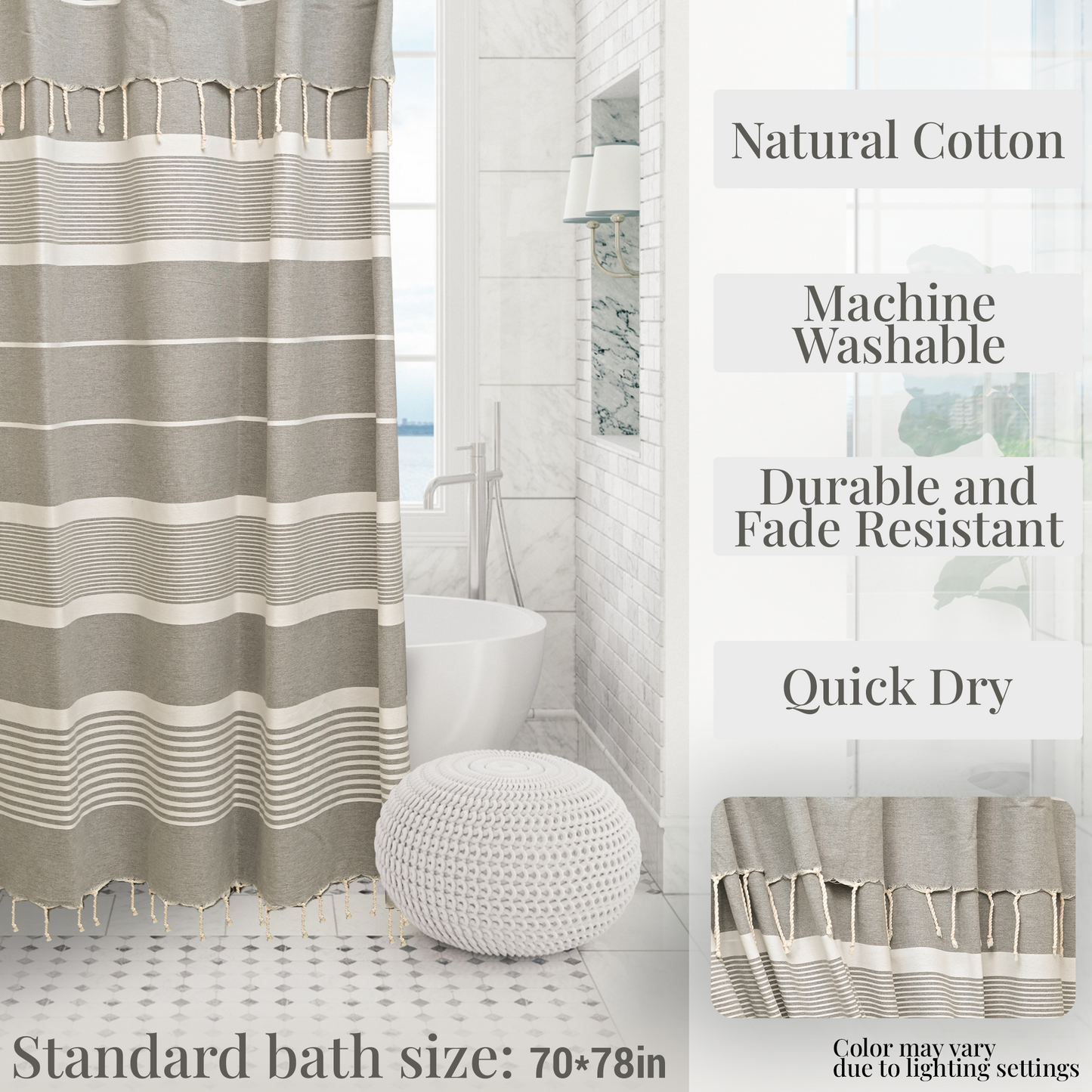 Khaki Green Cotton Shower Curtain with Tassels – 79" x 71" – Boho & Farmhouse Style – Quick Dry, Multi-Purpose, Free Hooks