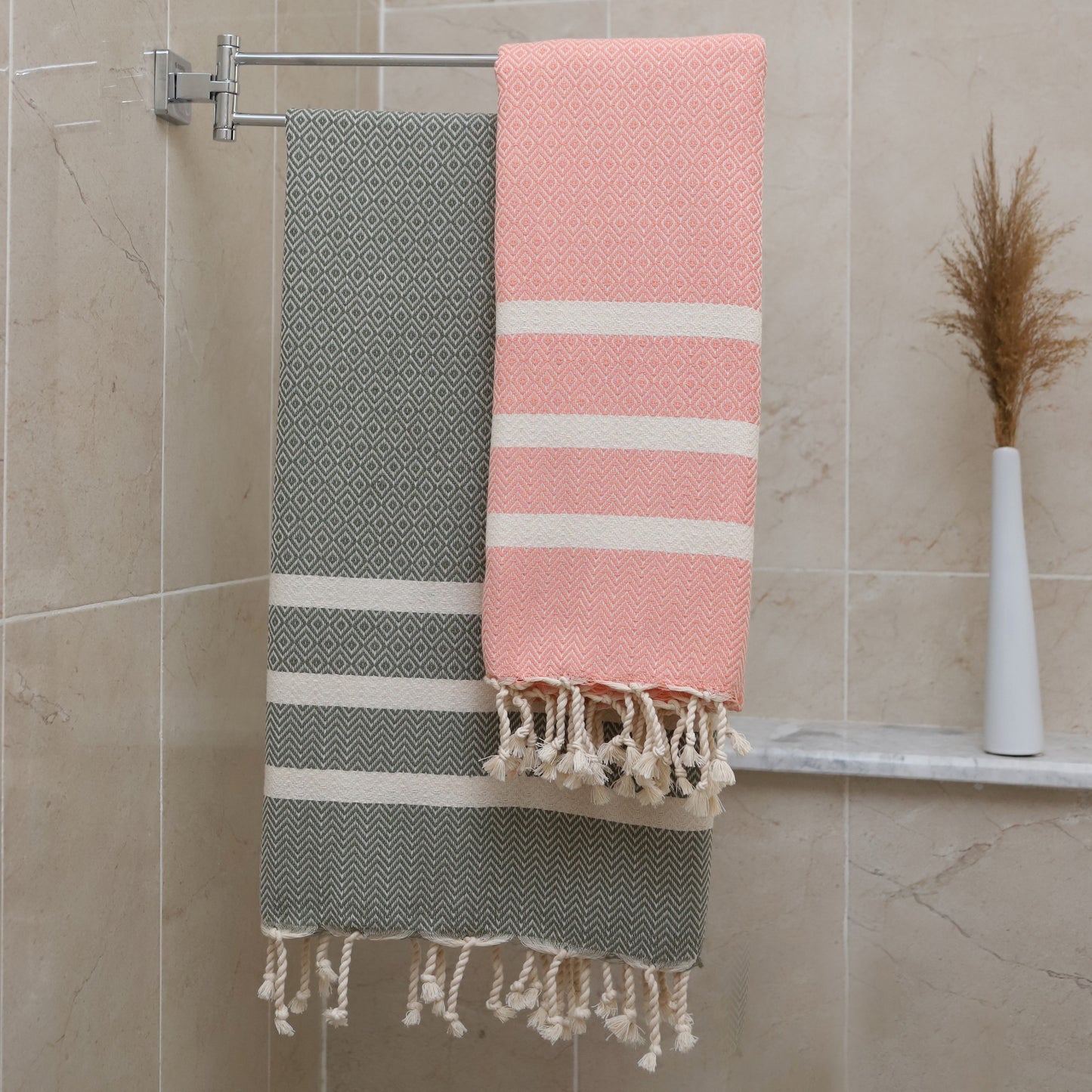 Exclusive Diavron 2-Pack Cotton Towels – Khaki Green & Salmon Pink | Quick-Dry, Lightweight & Stylish for Travel, Beach, Bath & More (39" x 71")