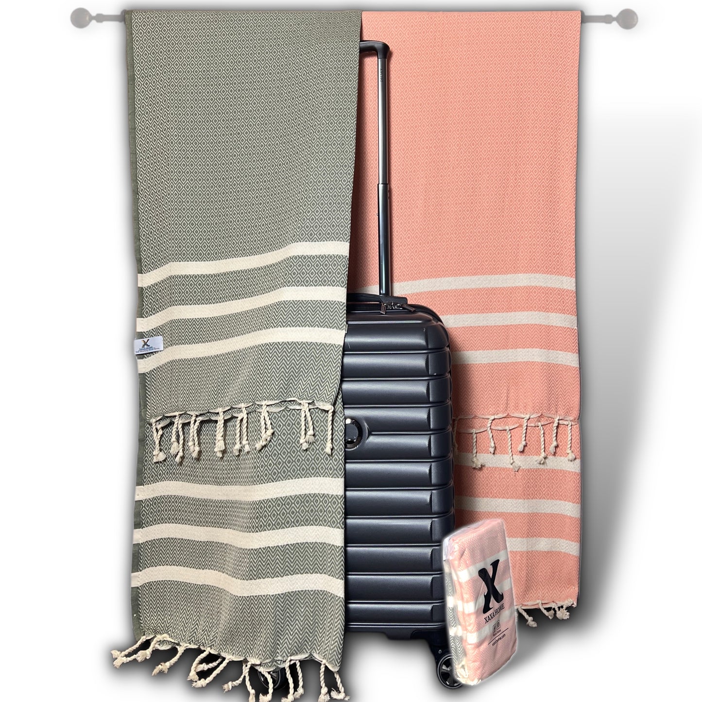 Exclusive Diavron 2-Pack Cotton Towels – Khaki Green & Salmon Pink | Quick-Dry, Lightweight & Stylish for Travel, Beach, Bath & More (39" x 71")