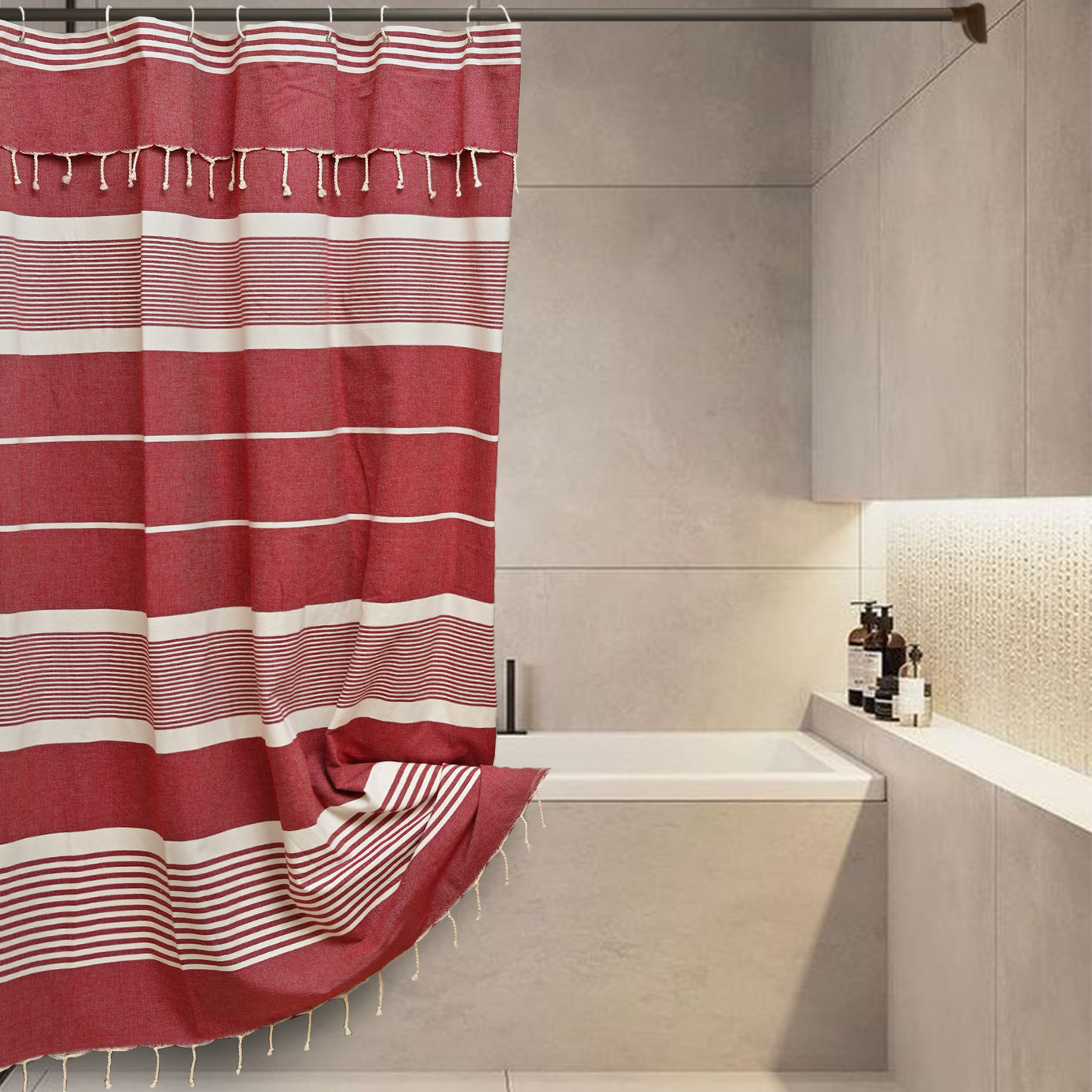 Red Violet Cotton Shower Curtain with Tassels – 79" x 71" – Boho & Farmhouse Style – Quick Dry, Multi-Purpose, Free Hooks
