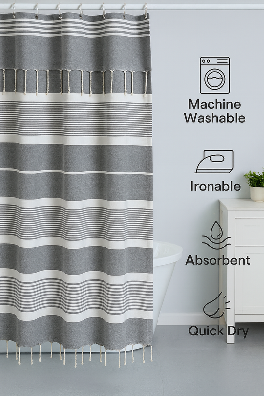 Battleship Gray Cotton Shower Curtain with Tassels – 79" x 71" – Boho & Farmhouse Style – Quick Dry, Multi-Purpose, Free Hooks