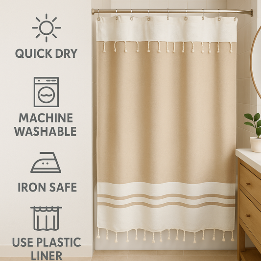Caramel Beige Cotton Stall Shower Curtain – Warm, Neutral & Space-Saving (39" x 71")