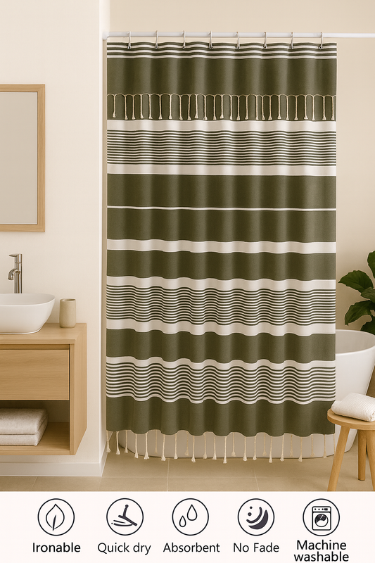 Khaki Green Cotton Shower Curtain with Tassels – 79" x 71" – Boho & Farmhouse Style – Quick Dry, Multi-Purpose, Free Hooks