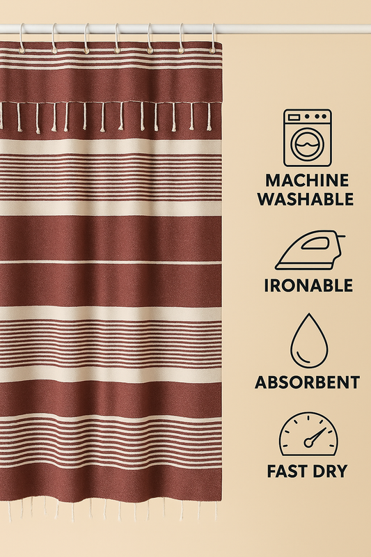 Red Violet Cotton Shower Curtain with Tassels – 79" x 71" – Boho & Farmhouse Style – Quick Dry, Multi-Purpose, Free Hooks