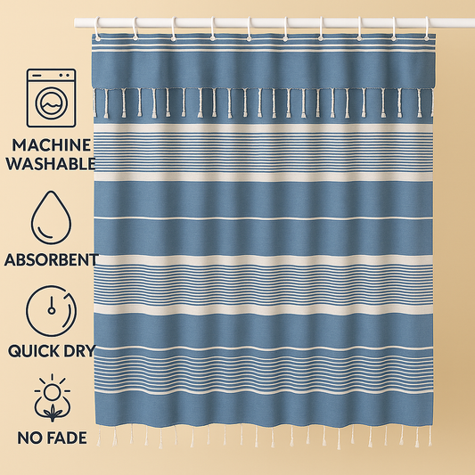 Sky Blue Cotton Shower Curtain with Tassels – 79" x 71" – Boho & Farmhouse Style – Quick Dry, Multi-Purpose, Free Hooks