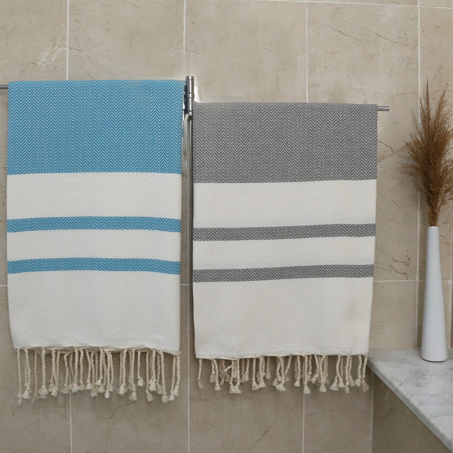 Set of 2 Cotton Towels – Lightweight & Quick-Dry Chevron Weave in Turquoise Blue + Silver Gray – Perfect for Beach, Travel & Everyday Use