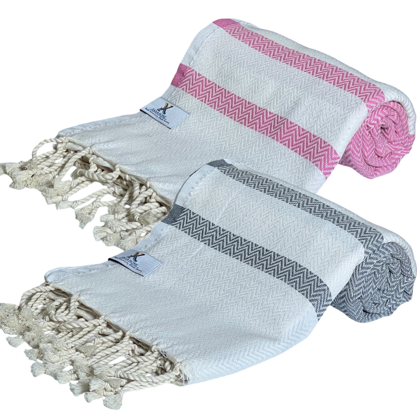 Set of 2 Cotton Towels – Soft & Quick-Dry Chevron Weave in Baby Pink + Silver Gray – Ideal for Beach, Bath, or Travel