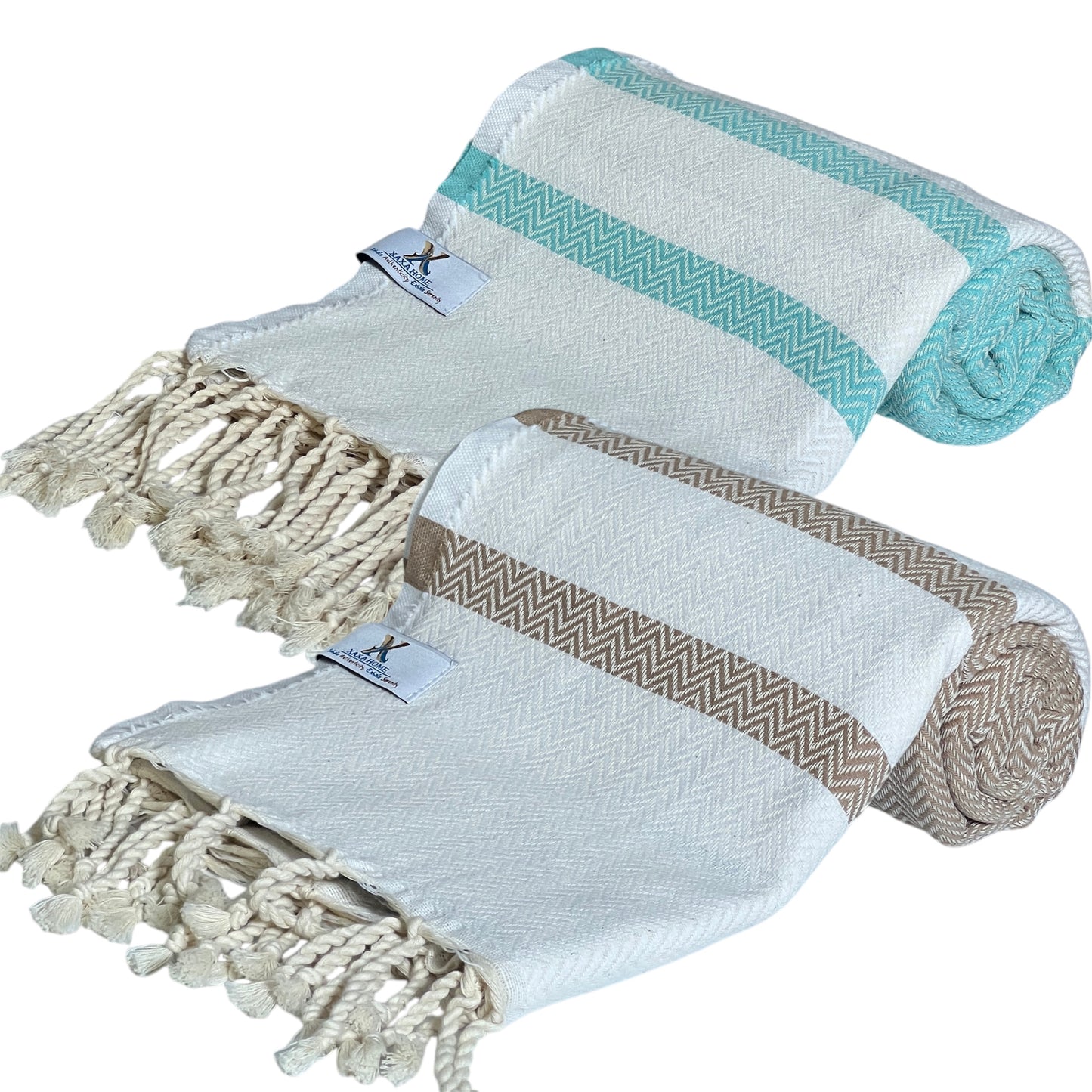 Set of 2 Cotton Towels – Fast-Drying & Lightweight Chevron Weave in Caramel Beige + Mint Green – Travel, Beach & Everyday Use
