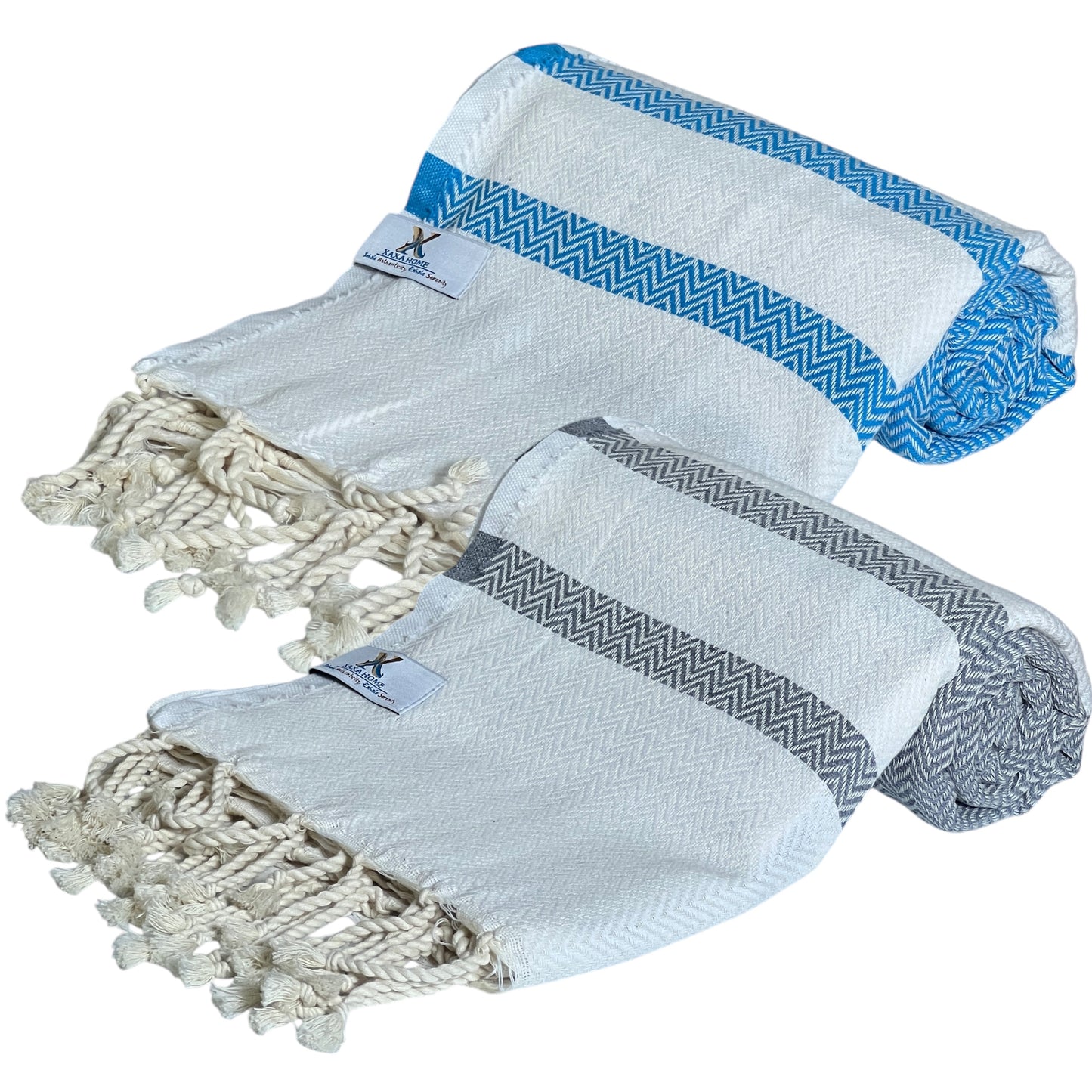 Set of 2 Cotton Towels – Lightweight & Quick-Dry Chevron Weave in Turquoise Blue + Silver Gray – Perfect for Beach, Travel & Everyday Use