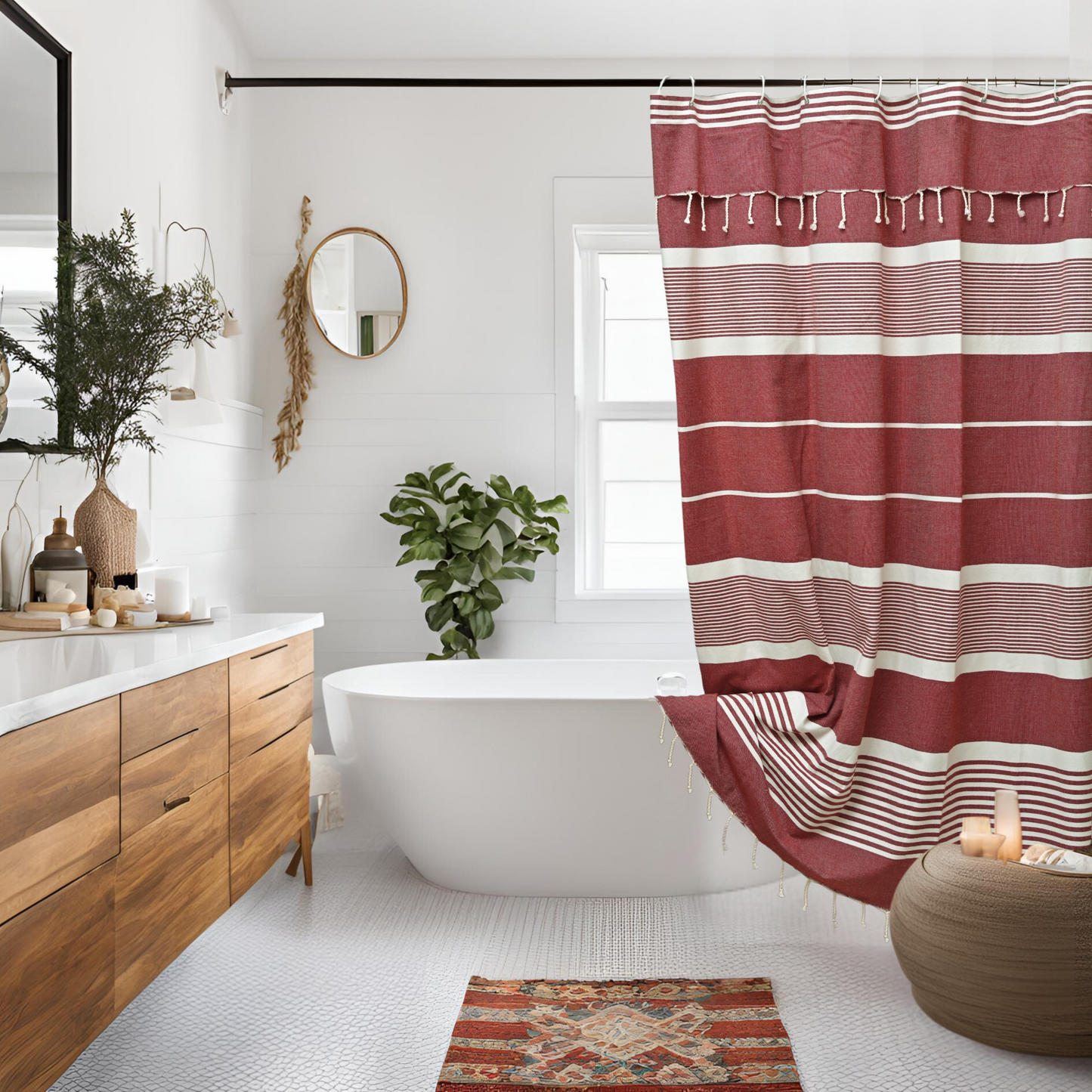 Red Violet Cotton Shower Curtain with Tassels – 79" x 71" – Boho & Farmhouse Style – Quick Dry, Multi-Purpose, Free Hooks