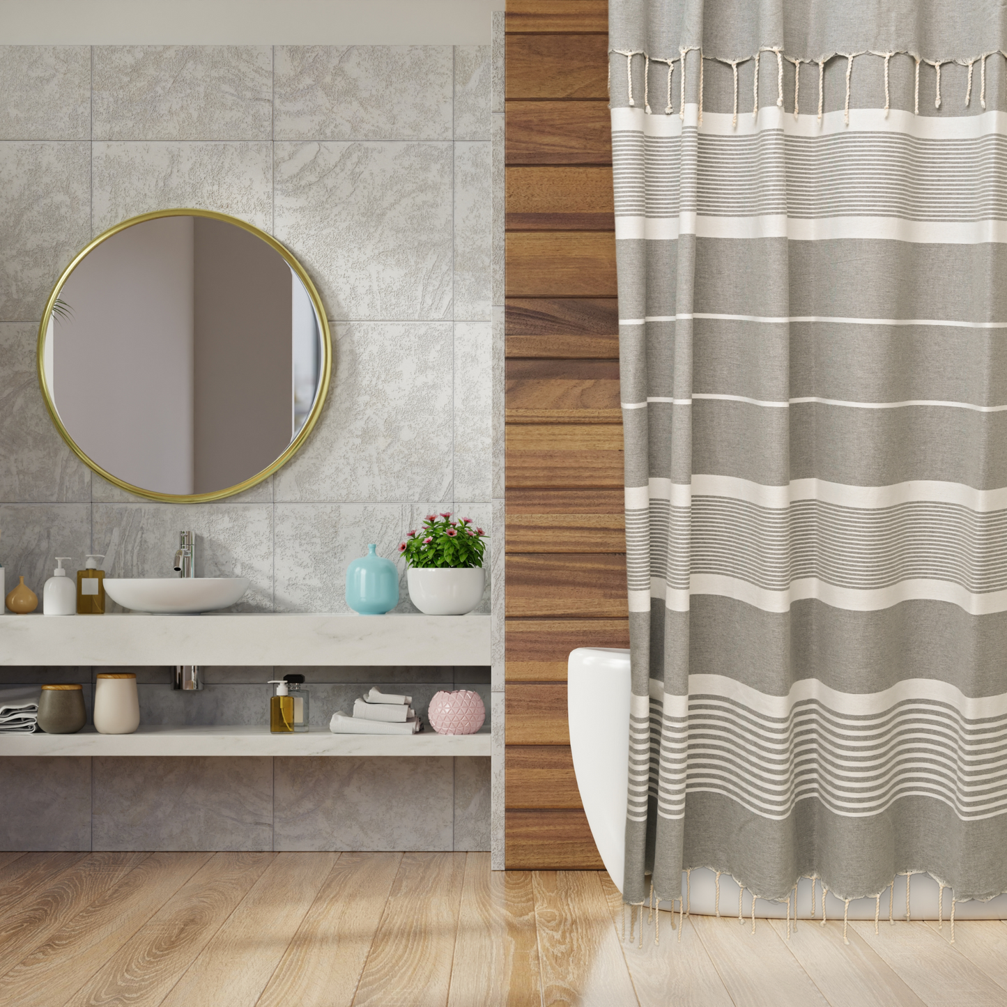 Khaki Green Cotton Shower Curtain with Tassels – 79" x 71" – Boho & Farmhouse Style – Quick Dry, Multi-Purpose, Free Hooks