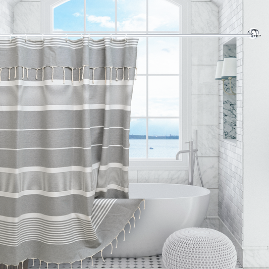 Battleship Gray Cotton Shower Curtain with Tassels – 79" x 71" – Boho & Farmhouse Style – Quick Dry, Multi-Purpose, Free Hooks