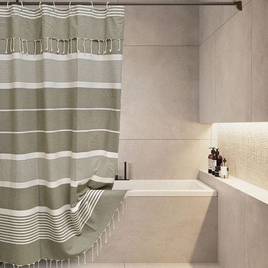 Khaki Green Cotton Shower Curtain with Tassels – 79" x 71" – Boho & Farmhouse Style – Quick Dry, Multi-Purpose, Free Hooks