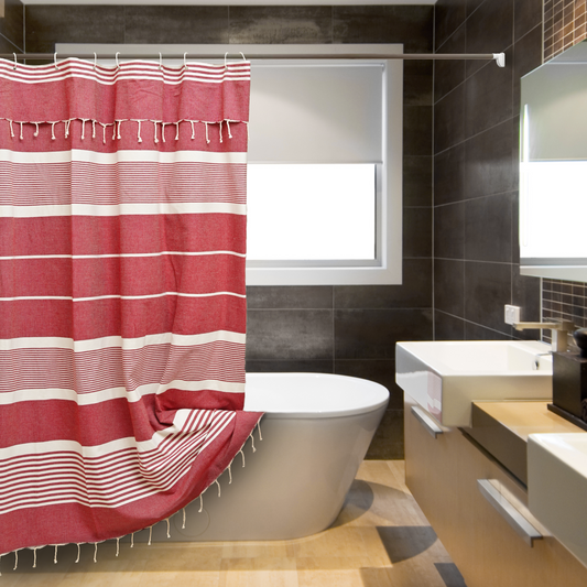 Red Violet Cotton Shower Curtain with Tassels – 79" x 71" – Boho & Farmhouse Style – Quick Dry, Multi-Purpose, Free Hooks