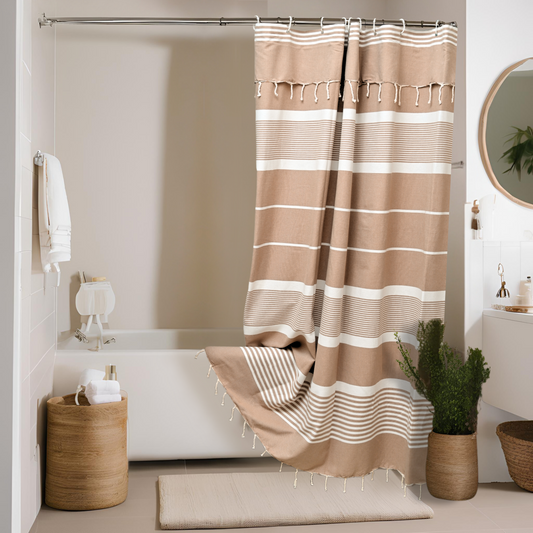 Khaki Beige Cotton Shower Curtain with Tassels – 79" x 71" – Boho & Farmhouse Style – Quick Dry, Multi-Purpose, Free Hooks