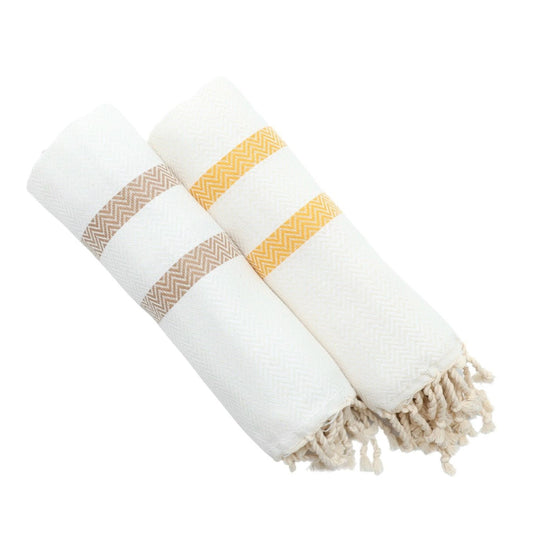 2-Pack Cotton Turkish Towels – Caramel Beige & Gold Yellow | Lightweight, Quick-Dry, Oversized Chevron Peshtemals