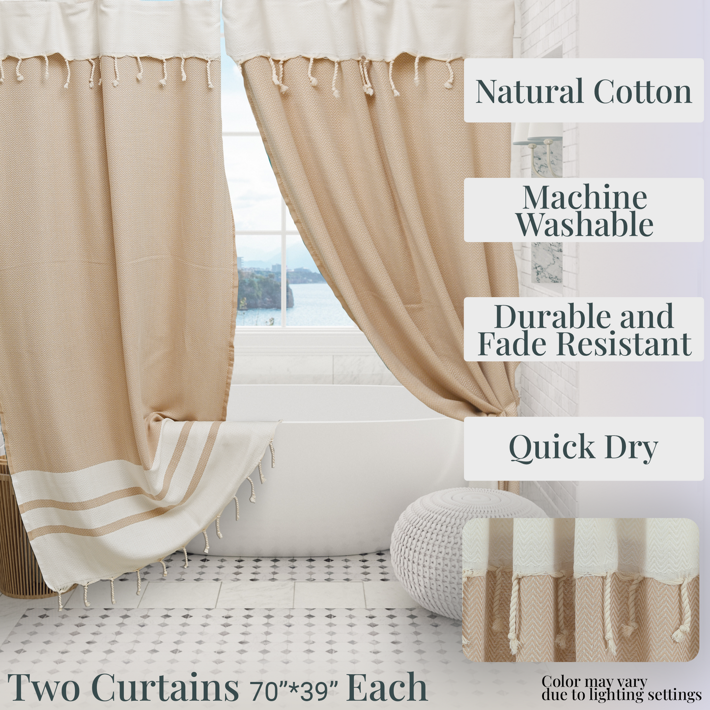 Two Panel Cotton Shower Curtain with Handmade Tassels – Boho & Farmhouse Style, Quick-Dry, Multi-Purpose (Caramel Beige, 71" x 79")