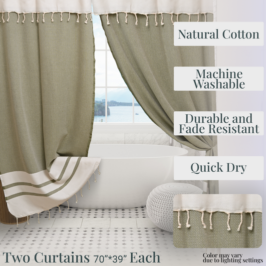 Two Panel Cotton Shower Curtain with Handmade Tassels – Boho & Farmhouse Style, Quick-Dry, Multi-Purpose (Khaki Green, 71" x 79")