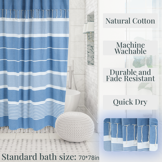 Sky Blue Cotton Shower Curtain with Tassels – 79" x 71" – Boho & Farmhouse Style – Quick Dry, Multi-Purpose, Free Hooks